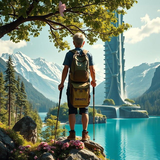 A super realistic scene of an architect with light-colored hair standing on a flower-covered rock, supporting himself with trekking poles in hand