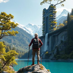 A super realistic scene of an architect with light-colored hair standing on a flower-covered rock, supporting himself with trekking poles in hand