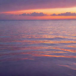 A vibrant sunset over a calm sea, with shades of purple, orange, and pink merging into each other and reflecting off the water.