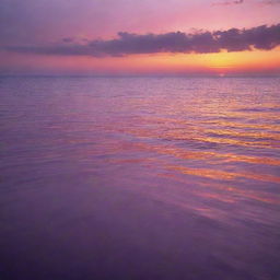 A vibrant sunset over a calm sea, with shades of purple, orange, and pink merging into each other and reflecting off the water.