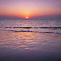 A vibrant sunset over a calm sea, with shades of purple, orange, and pink merging into each other and reflecting off the water.