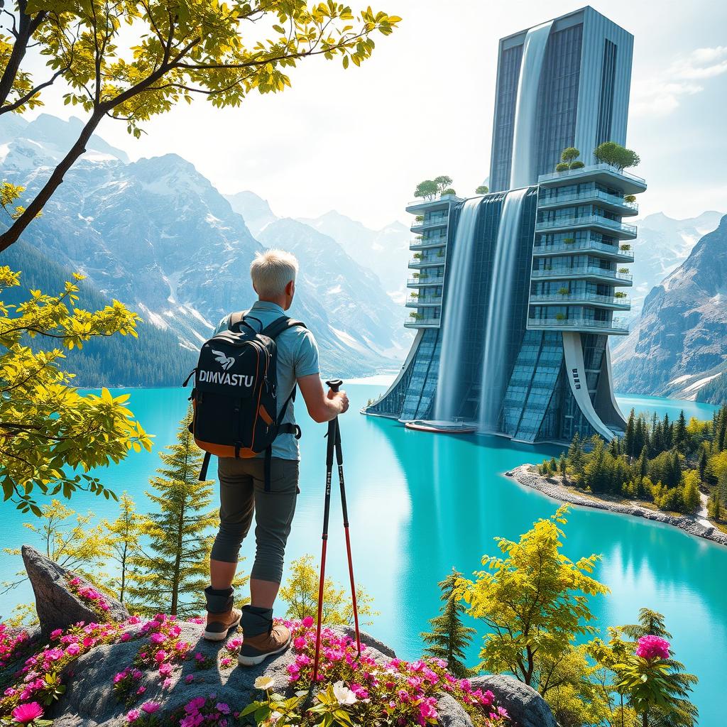 A super realistic image of an architect with light-colored hair standing on a flower-covered rock, facing away and leaning on trekking poles in his hands