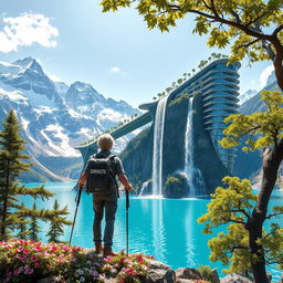 A super realistic image of an architect with light-colored hair standing on a flower-covered rock, facing away and leaning on trekking poles in his hands