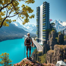 A super realistic image of an architect with light-colored hair standing on a flower-covered rock, facing away and leaning on trekking poles in his hands