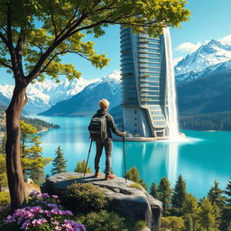 A super realistic image of an architect with light-colored hair standing on a flower-covered rock, facing away and leaning on trekking poles in his hands