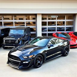 A sleek black Ford Mustang Shelby GT350, a luxurious Mercedes Benz G class, a classic Porsche 911, and a sporty Chevrolet Corvette C7, all parked in front of a modern garage with a stylish facade