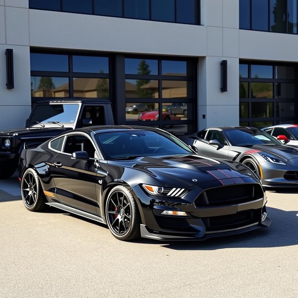 A sleek black Ford Mustang Shelby GT350, a luxurious Mercedes Benz G class, a classic Porsche 911, and a sporty Chevrolet Corvette C7, all parked in front of a modern garage with a stylish facade