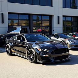 A sleek black Ford Mustang Shelby GT350, a luxurious Mercedes Benz G class, a classic Porsche 911, and a sporty Chevrolet Corvette C7, all parked in front of a modern garage with a stylish facade