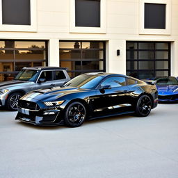 A sleek black Ford Mustang Shelby GT350, a luxurious Mercedes Benz G class, a classic Porsche 911, and a sporty Chevrolet Corvette C7, all parked in front of a modern garage with a stylish facade