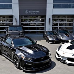 A sleek black Ford Mustang Shelby GT350, a luxurious Mercedes Benz G class, a classic Porsche 911, and a sporty Chevrolet Corvette C7, all parked in front of a modern garage with a stylish facade