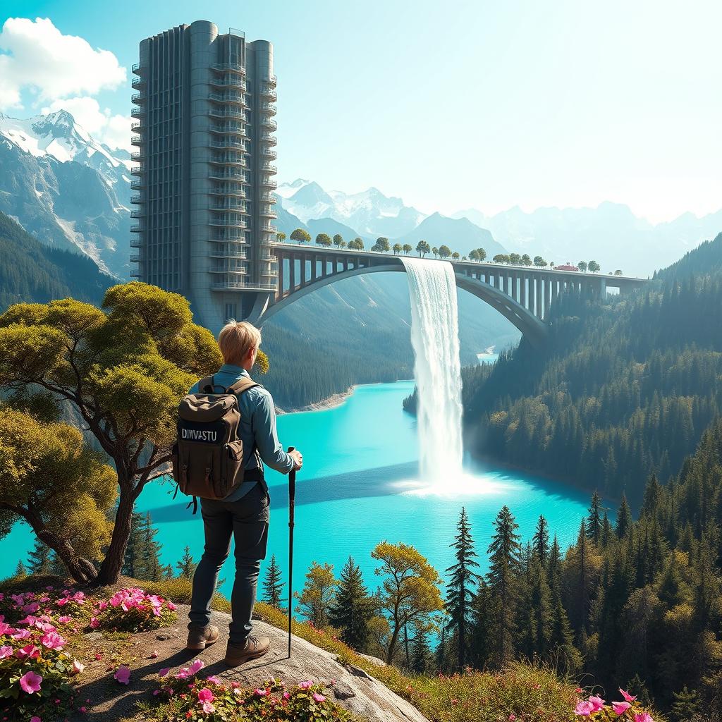 A stunningly realistic scene depicting an architect with blonde hair on a flower-covered rock, facing away and leaning on trekking poles