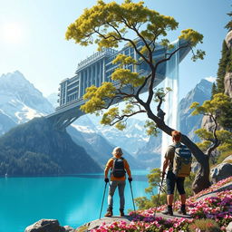 A stunningly realistic scene depicting an architect with blonde hair on a flower-covered rock, facing away and leaning on trekking poles