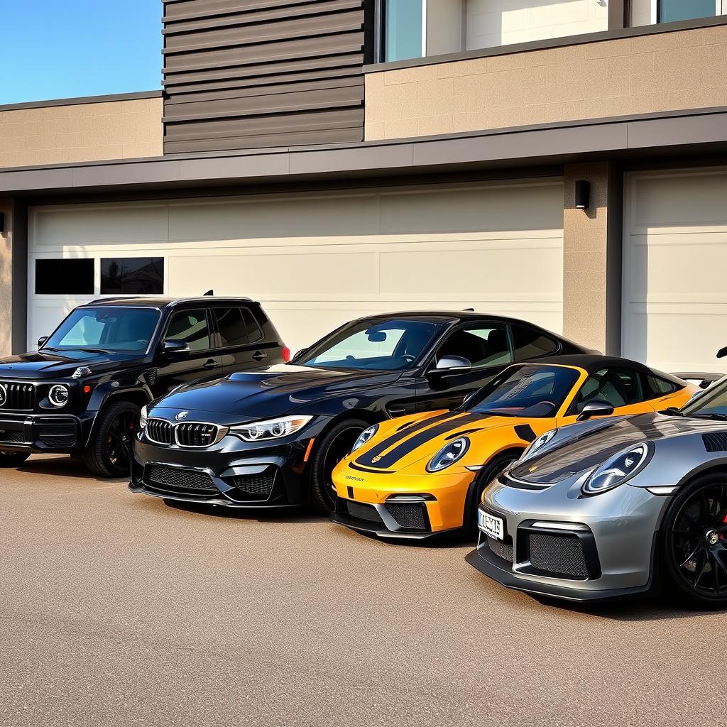 A sophisticated black Mercedes Benz G class, a luxurious gold 2018 BMW M4, a sleek black 2020 Ford Mustang Shelby GT350, and a modern grey Porsche 911 GT3 RS, all parked in front of a contemporary garage with a stylish facade