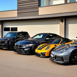 A sophisticated black Mercedes Benz G class, a luxurious gold 2018 BMW M4, a sleek black 2020 Ford Mustang Shelby GT350, and a modern grey Porsche 911 GT3 RS, all parked in front of a contemporary garage with a stylish facade