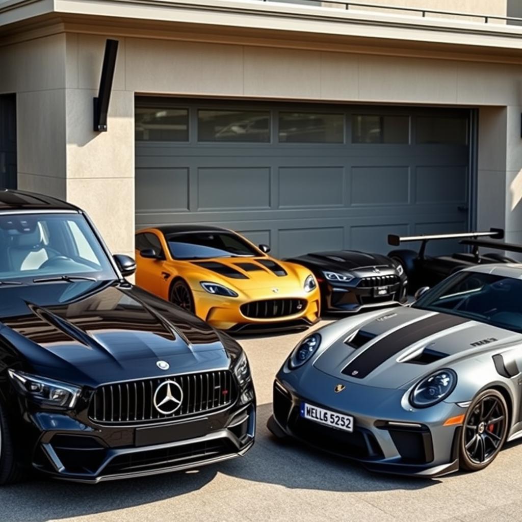 A sophisticated black Mercedes Benz G class, a luxurious gold 2018 BMW M4, a sleek black 2020 Ford Mustang Shelby GT350, and a modern grey Porsche 911 GT3 RS, all parked in front of a contemporary garage with a stylish facade