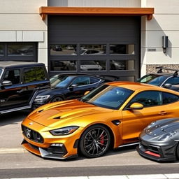 A sophisticated black Mercedes Benz G class, a luxurious gold 2018 BMW M4, a sleek black 2020 Ford Mustang Shelby GT350, and a modern grey Porsche 911 GT3 RS, all parked in front of a contemporary garage with a stylish facade