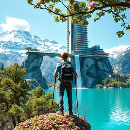 An architect with blonde hair stands on a flower-covered rock, facing away and leaning on trekking poles