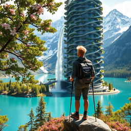 An architect with blonde hair stands on a flower-covered rock, facing away and leaning on trekking poles