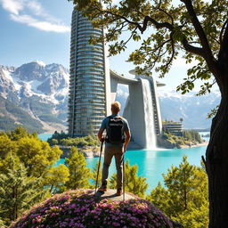 An architect with blonde hair stands on a flower-covered rock, facing away and leaning on trekking poles