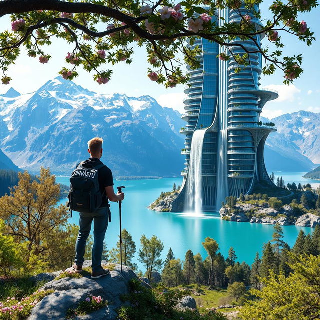 An architect with blonde hair stands on a flower-covered rock, facing away and leaning on trekking poles