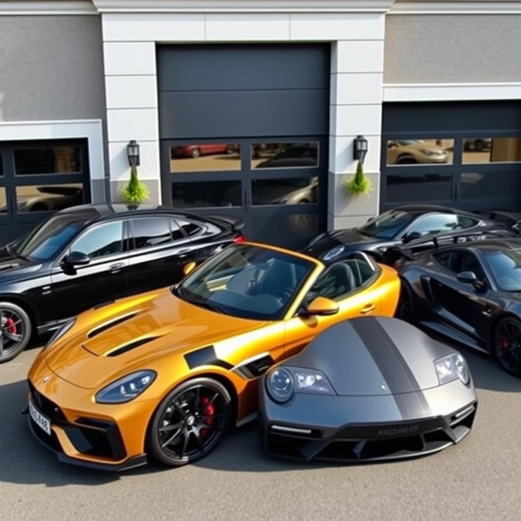 A sophisticated black Mercedes Benz G class, a luxurious gold 2018 BMW M4, a sleek black 2020 Ford Mustang Shelby GT350, and a modern grey Porsche 911 GT3 RS, all parked in front of a contemporary garage with a stylish facade