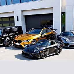 A sophisticated black Mercedes Benz G class, a luxurious gold 2018 BMW M4, a sleek black 2020 Ford Mustang Shelby GT350, and a modern grey Porsche 911 GT3 RS, all parked in front of a contemporary garage with a stylish facade