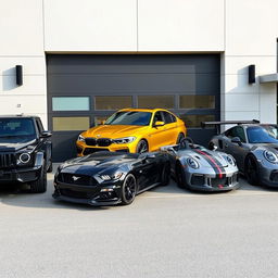 A sophisticated black Mercedes Benz G class, a luxurious gold 2018 BMW M4, a sleek black 2020 Ford Mustang Shelby GT350, and a modern grey Porsche 911 GT3 RS, all parked in front of a contemporary garage with a stylish facade