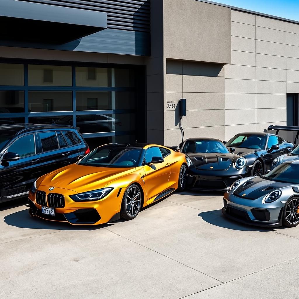 A sophisticated black Mercedes Benz G class, a luxurious gold 2018 BMW M4, a sleek black 2020 Ford Mustang Shelby GT350, and a modern grey Porsche 911 GT3 RS, all parked in front of a contemporary garage with a stylish facade