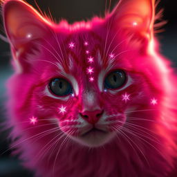 A very close-up photo of a feline cat with vibrant pink fur, captured with an expensive cinematic camera