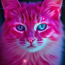 A very close-up photo of a feline cat with vibrant pink fur, captured with an expensive cinematic camera