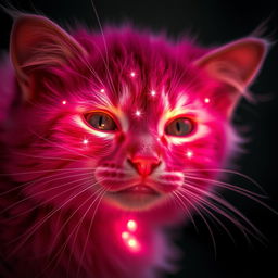 A very close-up photo of a feline cat with vibrant pink fur, captured with an expensive cinematic camera