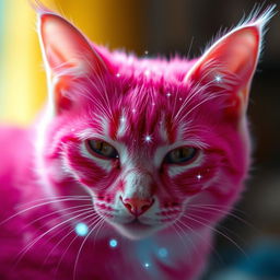 A very close-up photo of a feline cat with vibrant pink fur, captured with an expensive cinematic camera