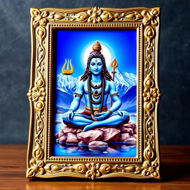 A realistic and beautifully detailed photo frame featuring an intricately designed image of the Indian God Shiva