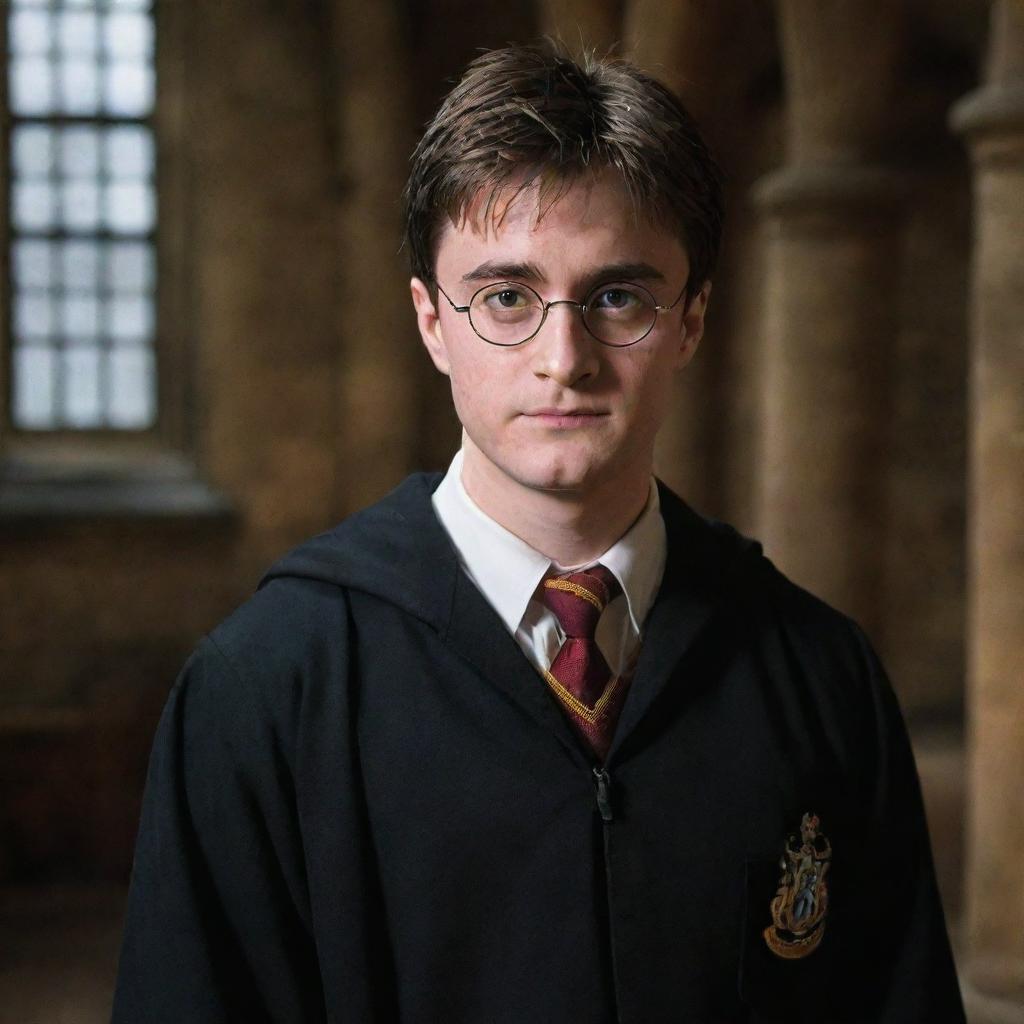 A portrait of Harry Potter in his Hogwarts robe, with a challenging and determined expression. Background should be the Great Hall of Hogwarts.