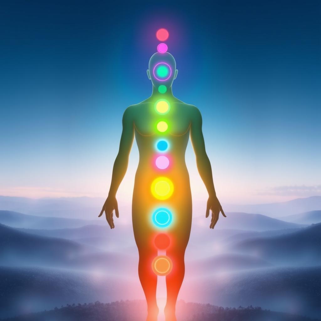 A serene depiction of the human chakra system, with each chakra represented as a vibrant, glowing disc on the human body