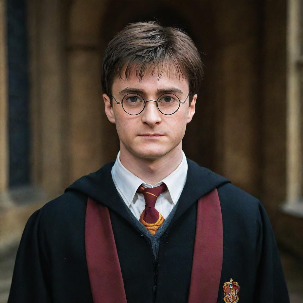 A portrait of Harry Potter in his Hogwarts robe, with a challenging and determined expression. Background should be the Great Hall of Hogwarts.