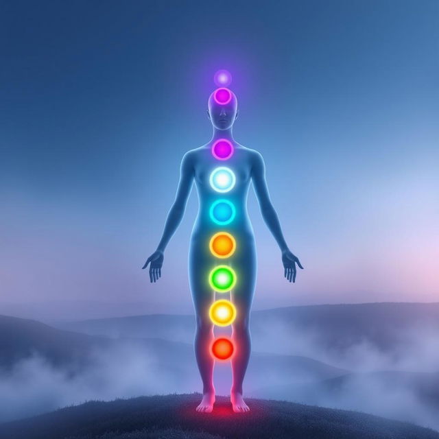 A serene depiction of the human chakra system, with each chakra represented as a vibrant, glowing disc on the human body