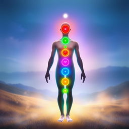 A serene depiction of the human chakra system, with each chakra represented as a vibrant, glowing disc on the human body