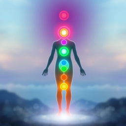 A serene depiction of the human chakra system, with each chakra represented as a vibrant, glowing disc on the human body