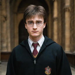 A portrait of Harry Potter in his Hogwarts robe, with a challenging and determined expression. Background should be the Great Hall of Hogwarts.