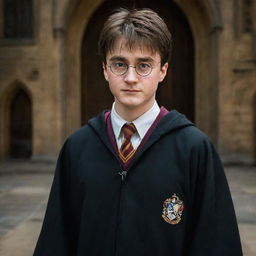 A portrait of Harry Potter in his Hogwarts robe, with a challenging and determined expression. Background should be the Great Hall of Hogwarts.