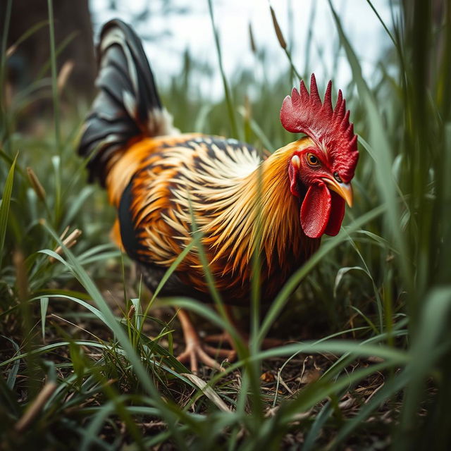 a close-up, detailed view of a rooster in a natural setting pecking at the ground, surrounded by lush, wild grass