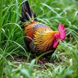 a close-up, detailed view of a rooster in a natural setting pecking at the ground, surrounded by lush, wild grass