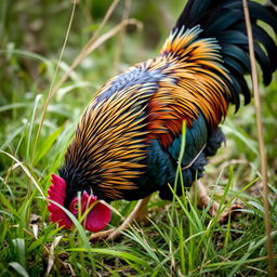 a close-up, detailed view of a rooster in a natural setting pecking at the ground, surrounded by lush, wild grass