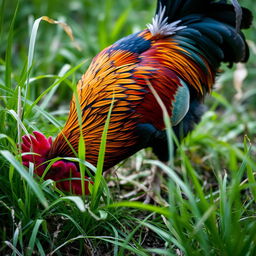 a close-up, detailed view of a rooster in a natural setting pecking at the ground, surrounded by lush, wild grass