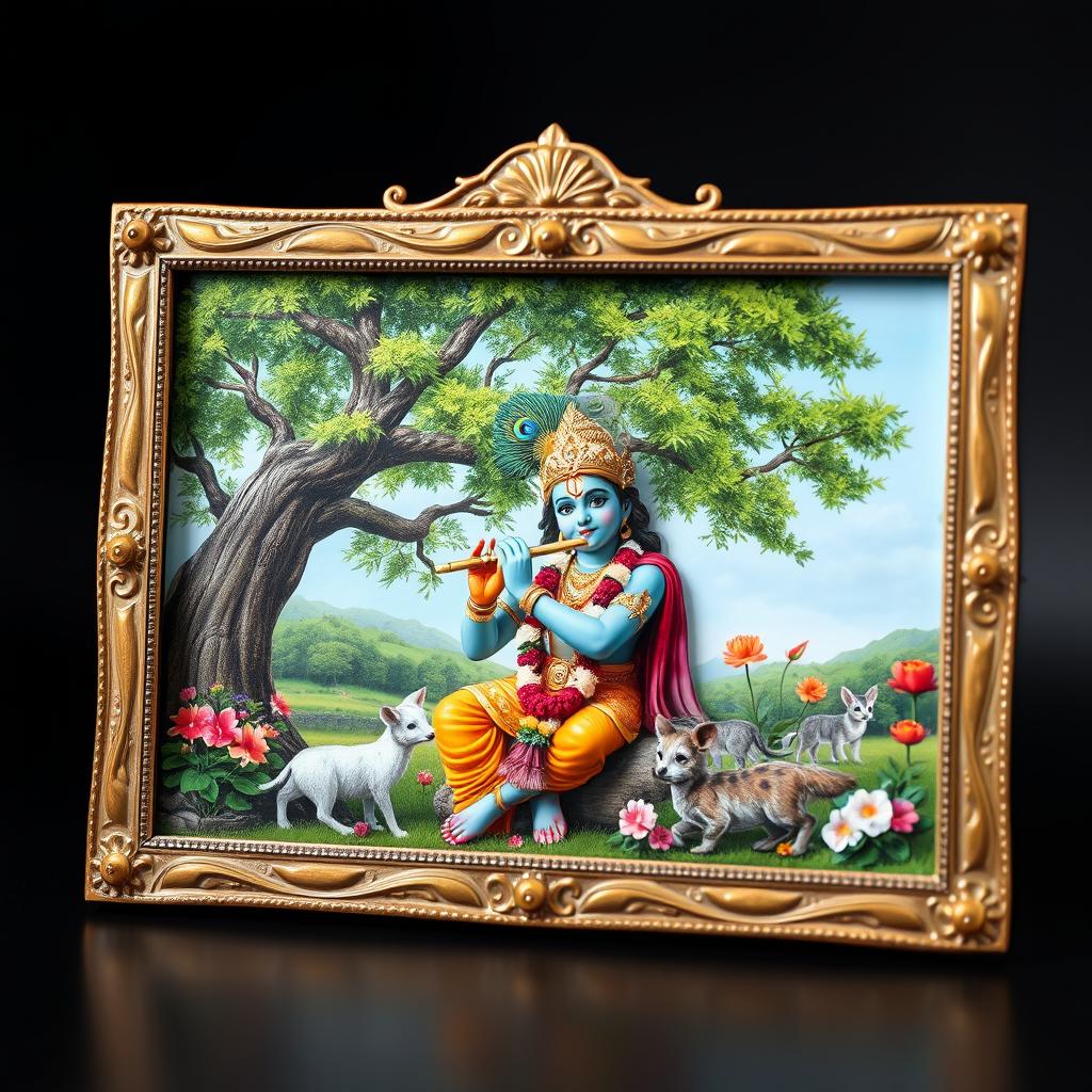 A realistic and artistically detailed photo frame featuring the Indian God Krishna