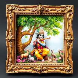 A realistic and artistically detailed photo frame featuring the Indian God Krishna