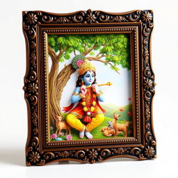 A realistic and artistically detailed photo frame featuring the Indian God Krishna