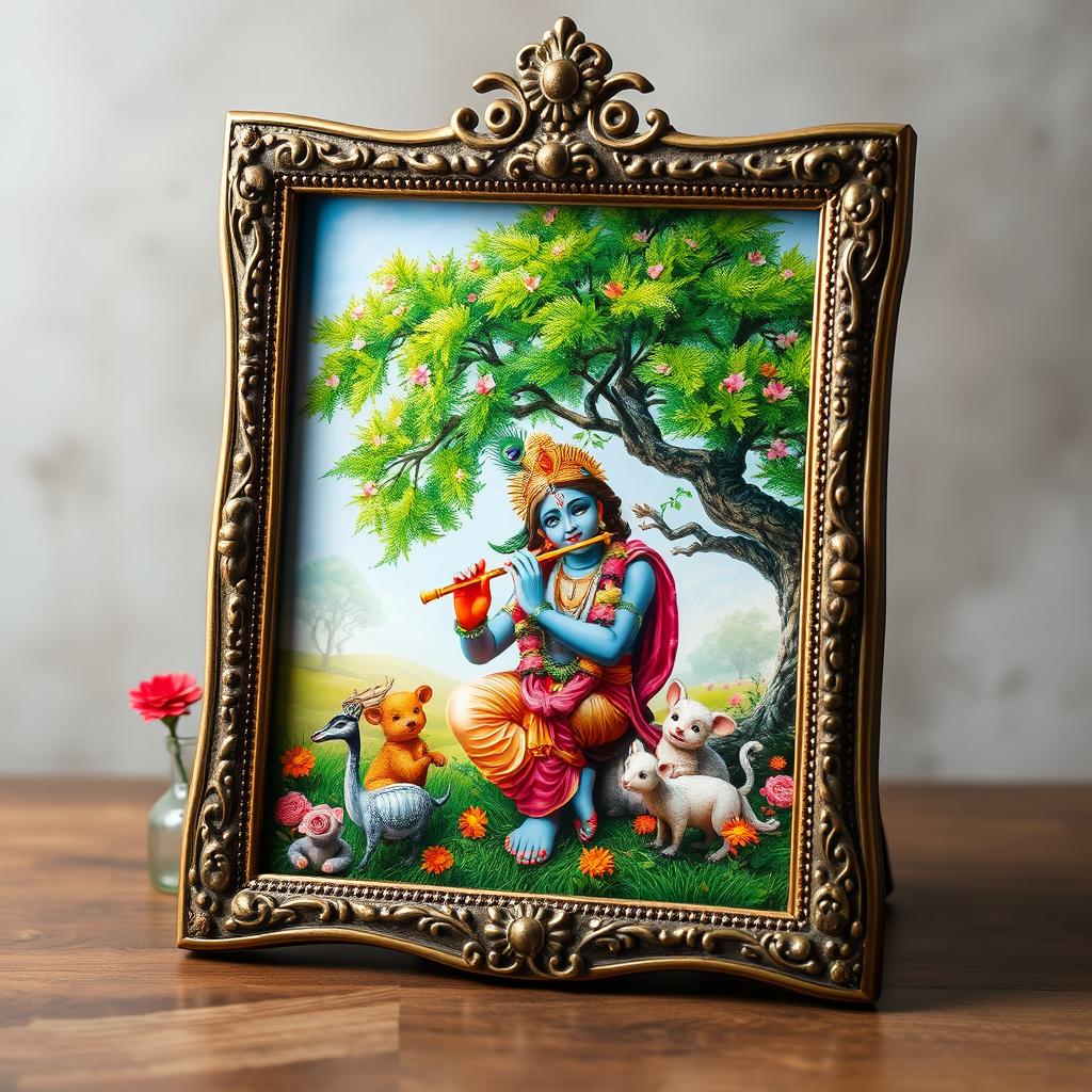 A realistic and artistically detailed photo frame featuring the Indian God Krishna