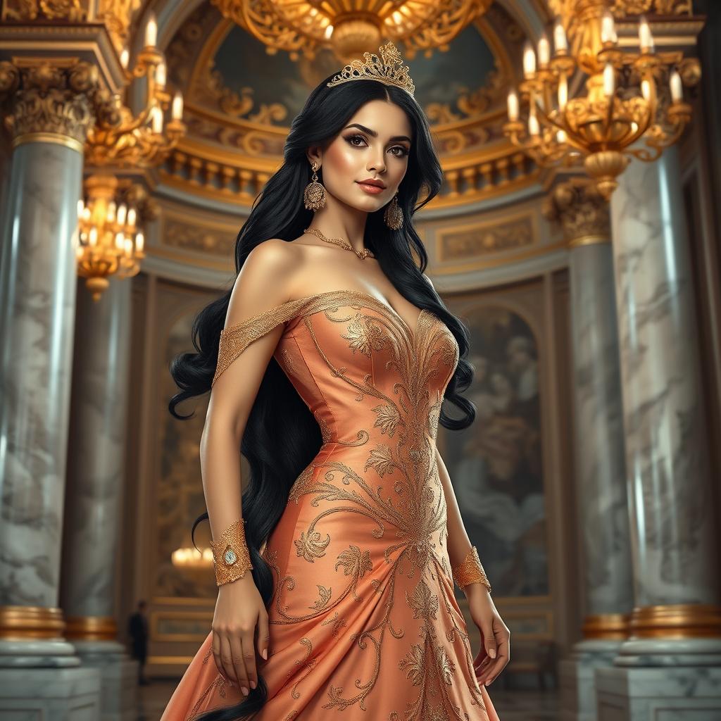 A stunningly beautiful princess in a luxurious, ornate gown, standing gracefully in a grand palace setting